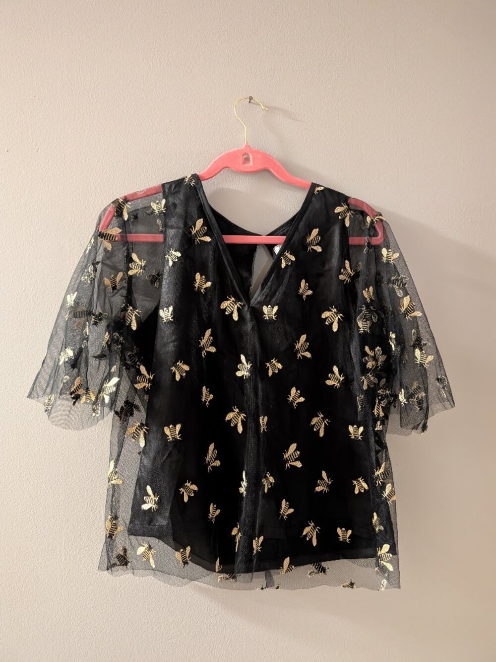 Diana Coatsworth Design Bee Embroidered Mesh Top Black Size Medium Made in Canad